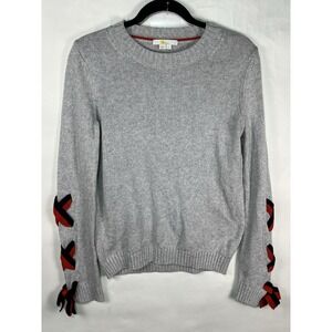 Boden Angelica Gray Wool Cashmere Blend Knit Sweater Red Blue Ribbon Detail Sz S